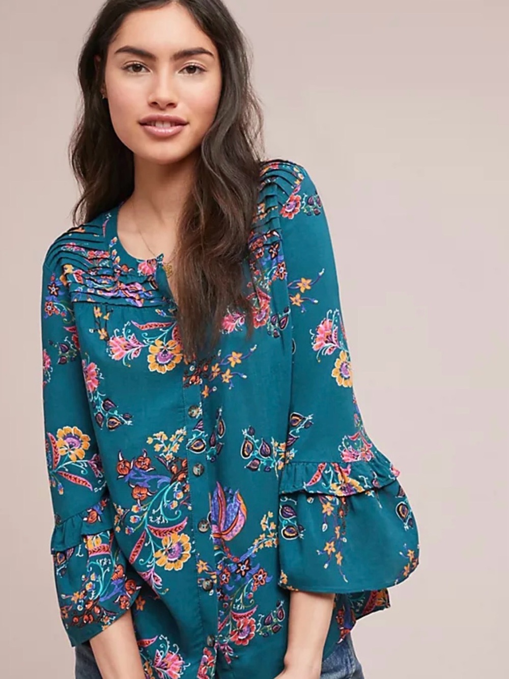 Maeve Teal Floral Pintuck Peplum-Sleeve Blouse